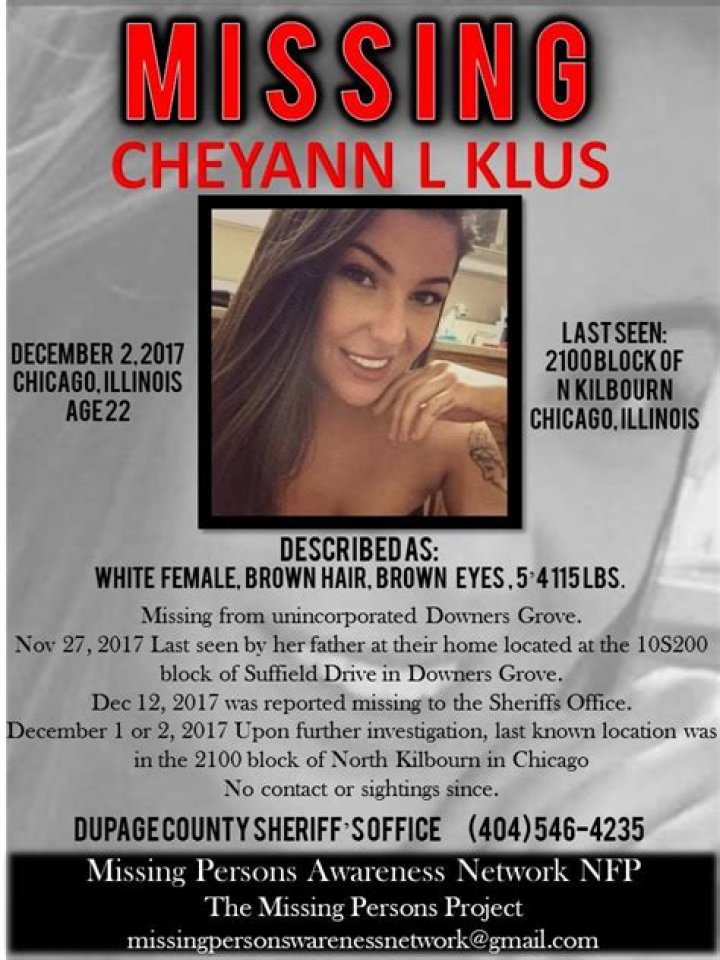 Missing Cheyann Klus Found Dead In Dupage County, IL